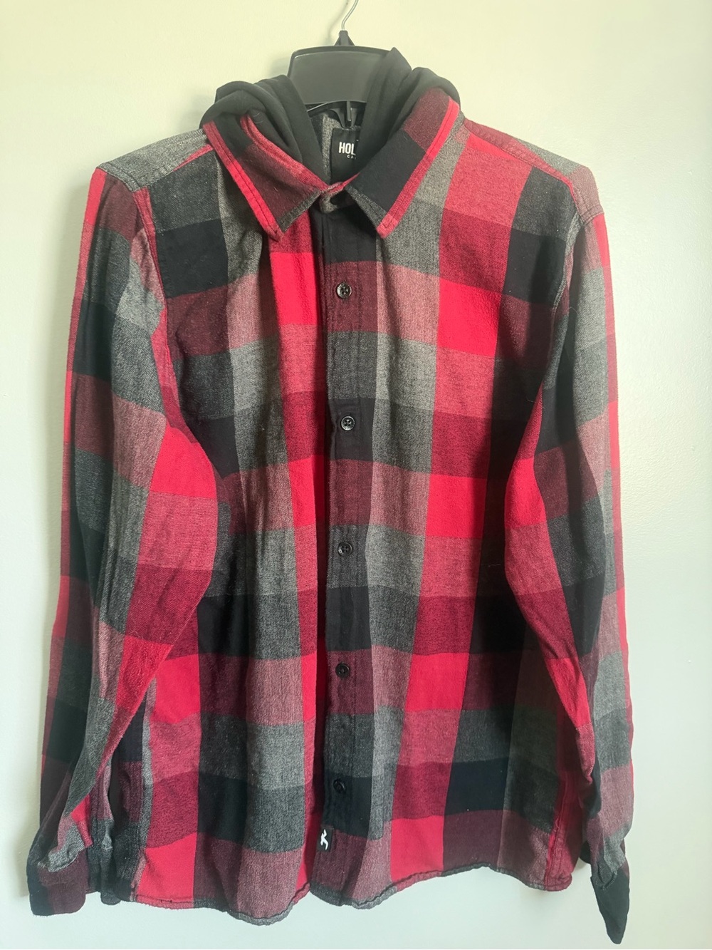 Hollister Men's Red and Black Plaid Button-Down Flannel with Embroidered hood XL